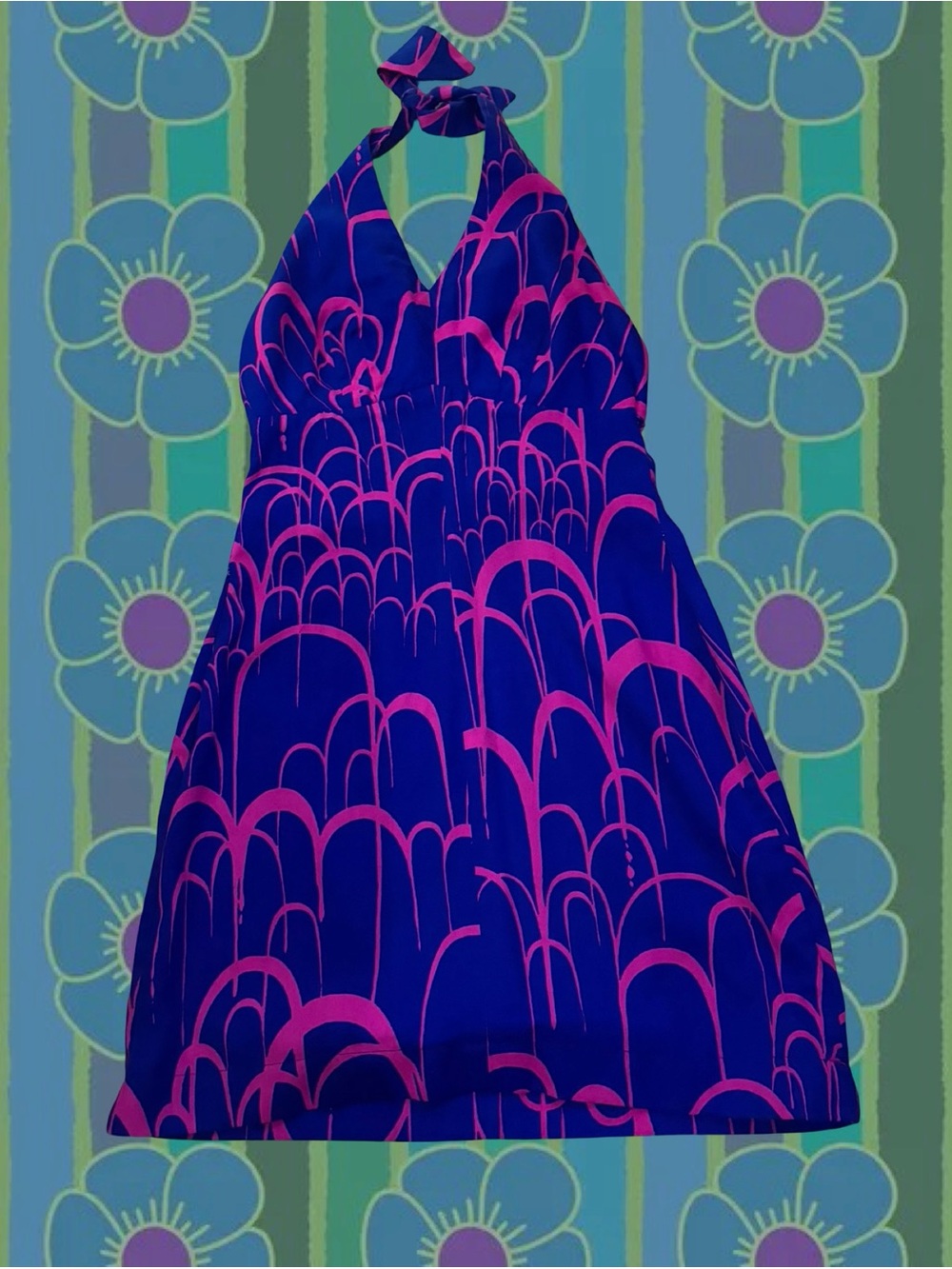 60s Vintage Hawaiian Blue and Pink Halter Mini Dress